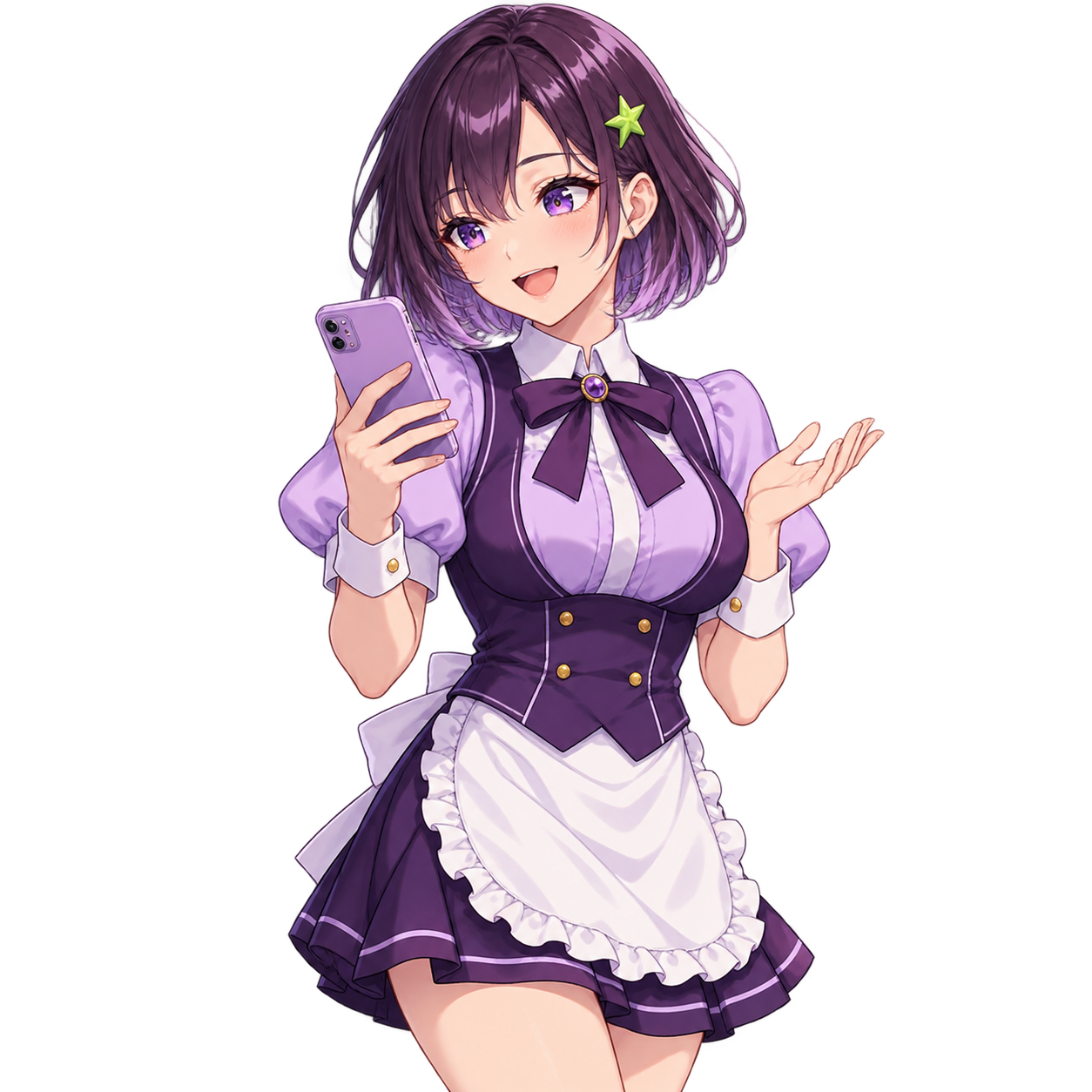 スマホの通知を見て笑顔になる、紫の制服のキャラクター