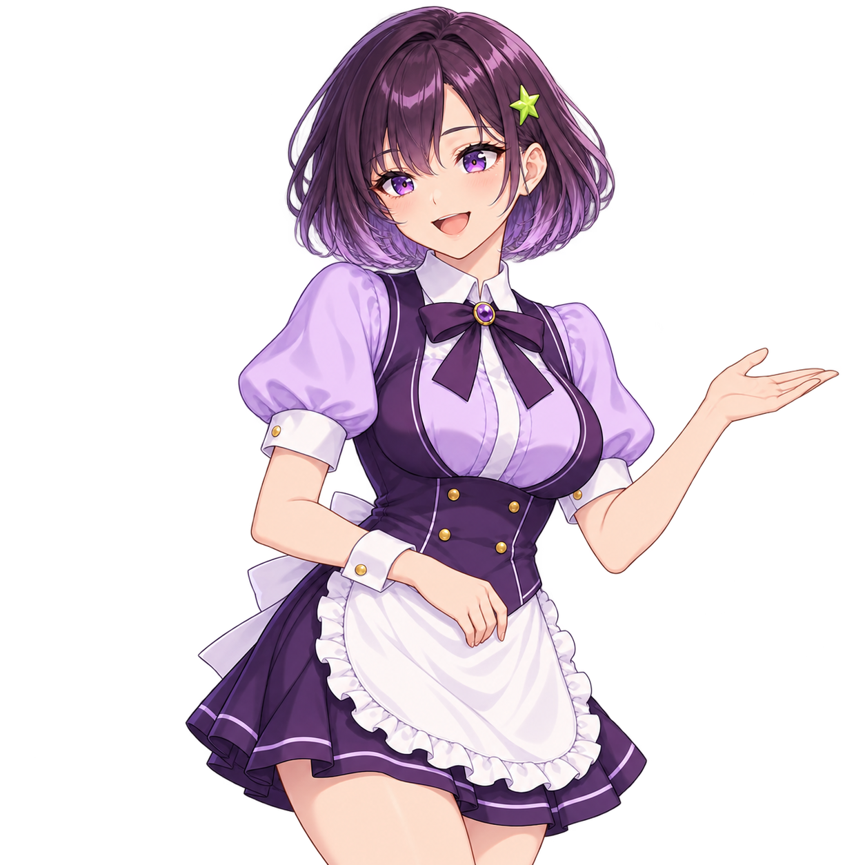 手のひらを広げて案内する、同じ紫の制服のキャラクター